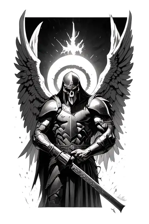spartan war with the angel of death looking over the war. tattoo design idea