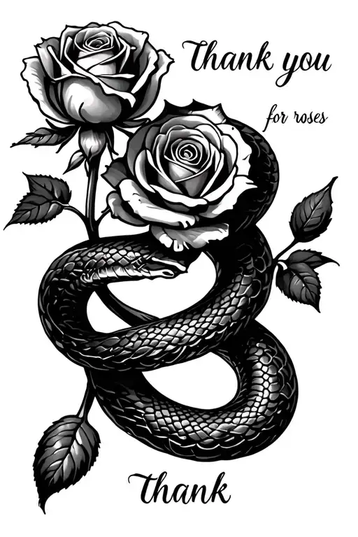 "thank you for the roses thank" serpent enroule une rose avec une inscription tattoo design idea