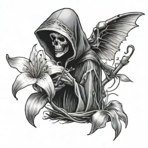 A black and grey photorealistic small cute grim reaper looking at and holding a tiny spider lily tattoo design idea