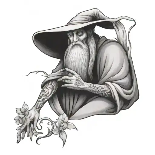 wizard not old full body a healer holding a flower tattoo design idea
