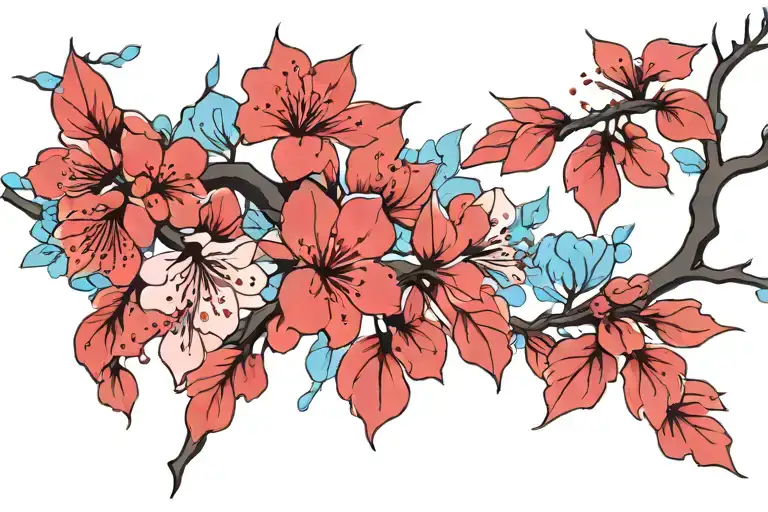 Cherry blossoms leaves falling, deep blue petals, light blue petals, purple petals, black branch. tattoo design idea