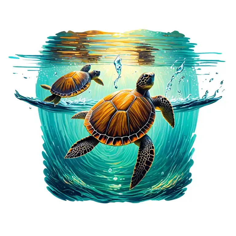 tiny sea turtles swimming in stream of water tattoo design idea