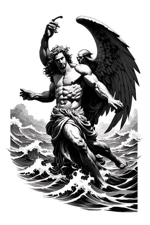arc angle st michael killing satan with waves crashing around him tattoo design idea
