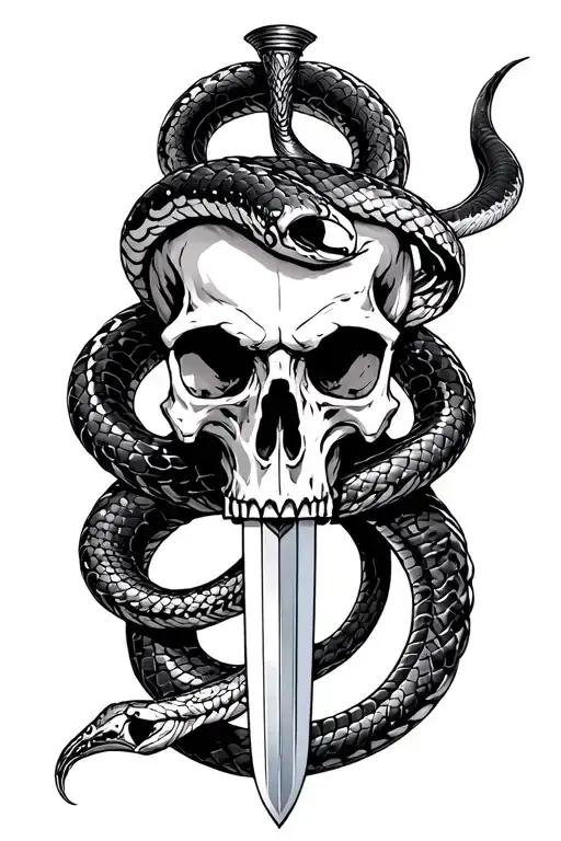 snake with skull exposed wrapping around a broadsword tattoo design idea