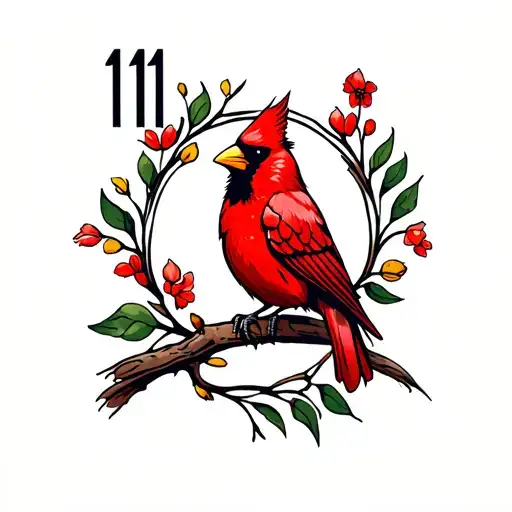 Red Cardinal Bird sitting on the number 1111 tattoo design idea