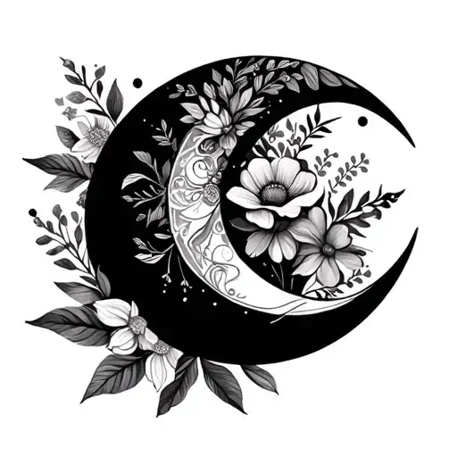 crescent moon Mandela with floral elements using birth flowers for May April November and January  tattoo design idea