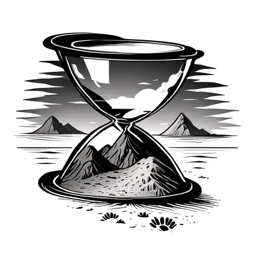 feminine line drawing hourglass. top has lines for sand. bottom a dinosaur footprint outline and small mountain outline tattoo design idea
