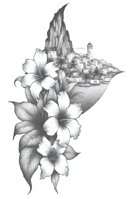 Ibiza, mountains, sea, boats, tropical leaves, hibiscus, village with flat roofs and a tower with three windows tattoo design idea