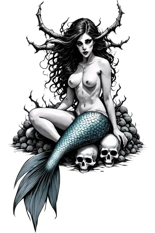 evil horror mermaid topless sitting on a pile of skulls  tattoo design idea