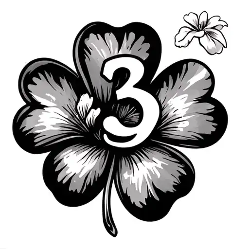dainty four leaf clover with hawaiian flower and a the number three tattoo design idea