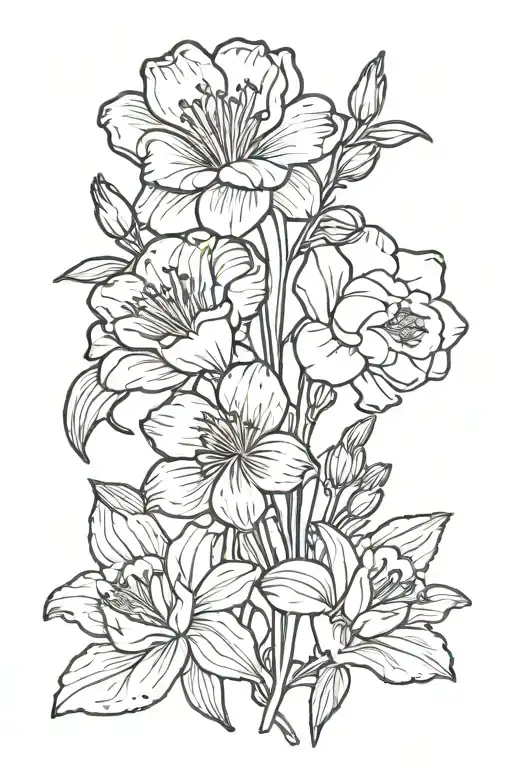 fine line tattoo of a bouquet of 5 flowers: one lily, one snakes head fritillary, one rose, one geranium and one freesia tattoo design idea