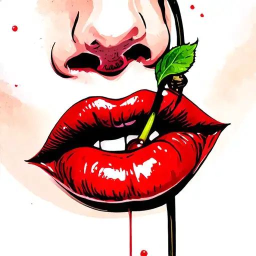 red lips bitting cherry tattoo design idea