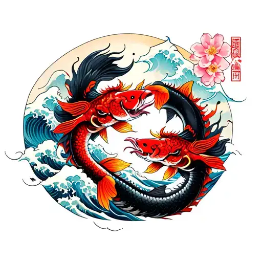 Tattoo of two fishes covered with chinese dragon black red, background wave and sakura flowers, in Japanese style tattoo design idea