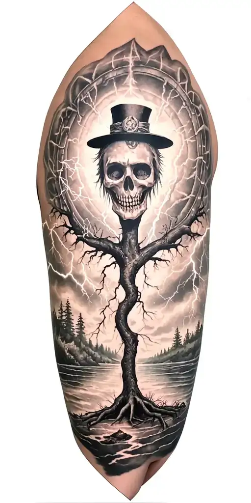 vegvisir and rume and norway nature and ygdrasil and whole sleeve and lightning storm and voodoo doll with cylinder hat tattoo design idea