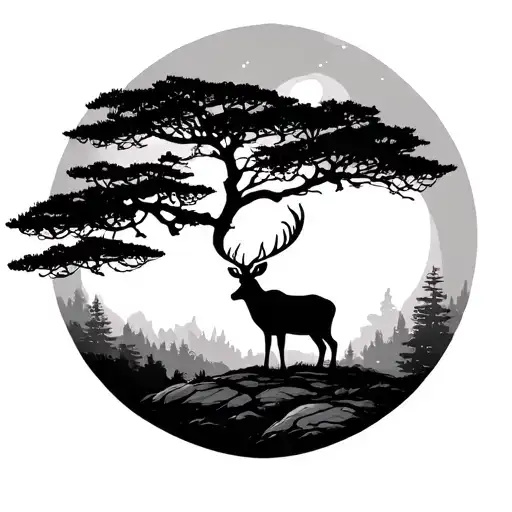 cypress tree with deer standing tattoo design idea