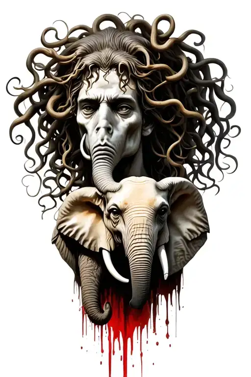 medusa holding a man's head and an elephant head bleeding tattoo design idea