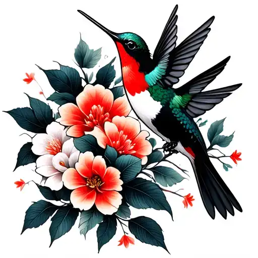 Hummingbirds Flowers in the Japanese style is black red tattoo design idea