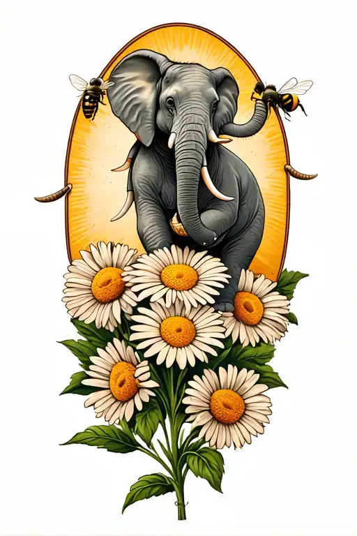 an elephant with a bee on a daisy tattoo design idea