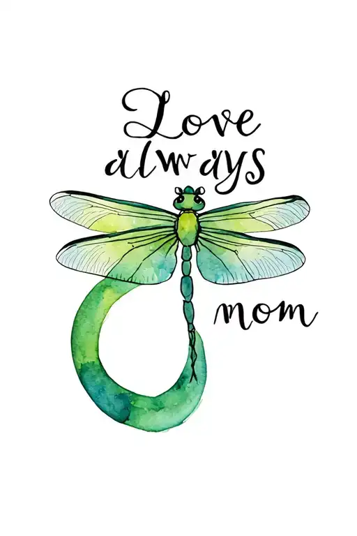"Love always mom" coheed dragon fly with green accents  tattoo design idea