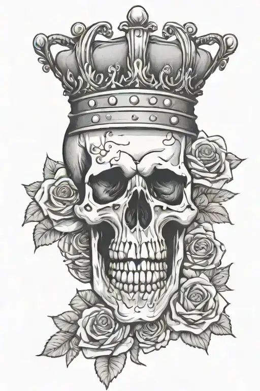 skull wearing a crown with roses surrounding tattoo design idea