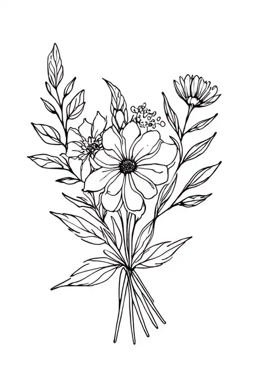 March, July & December birth flower bouquet tattoo design idea