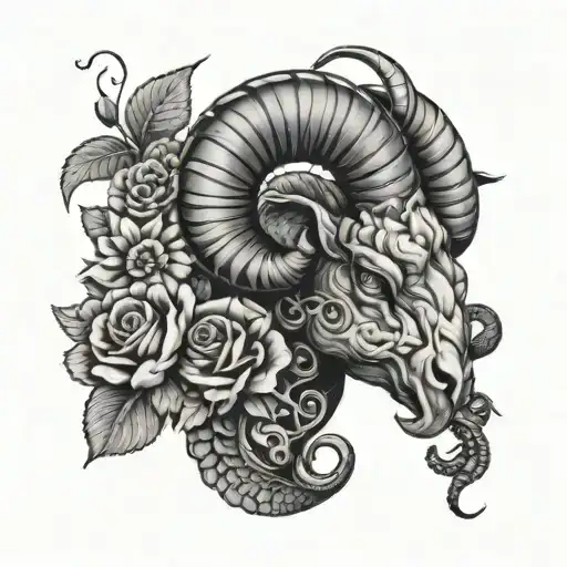 Ram head with a snake and flowers tattoo design idea