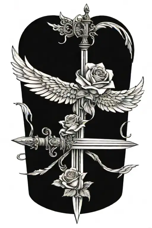 angel wings behind sword, roses tattoo design idea