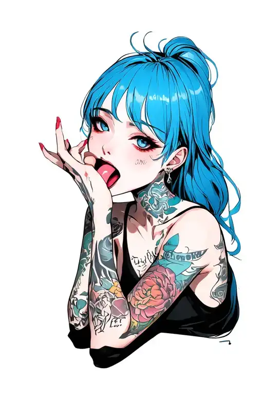 Clean, hentail, nude, bdsm, stick out tongue, nymphomaniac face, young, sexy suggestive position, small boobs, blue hair tattoo design idea