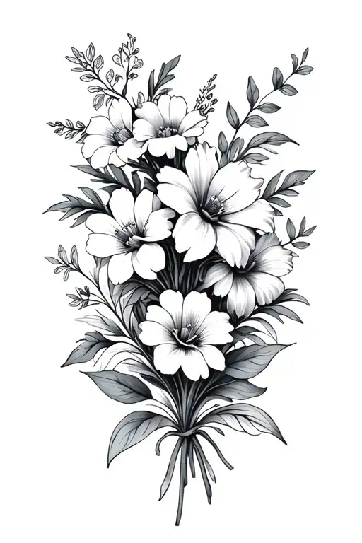 flowers bouquet of, august birth flower, march birth flower, may birth flower, and december birth flower. tattoo design idea