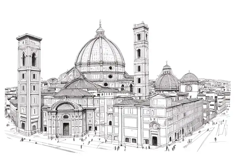 duomo in Florence italy using thin linework, with clear inspiration from mechanical, architectural drawings.  tattoo design idea