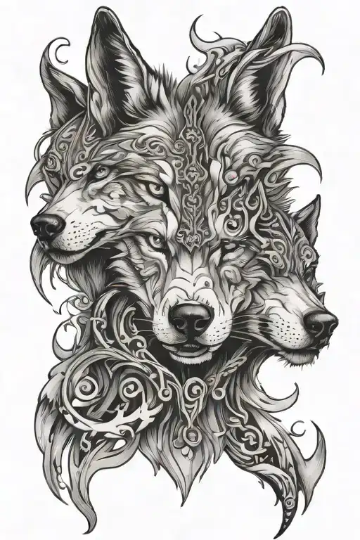 wolf or dog split same face one good one evil speak no evil tattoo design idea