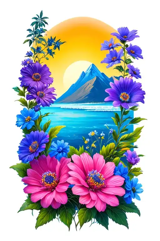 Fine line, beach, mountain, sun, February purple flowers, may pink flowers, October blue flowers tattoo design idea