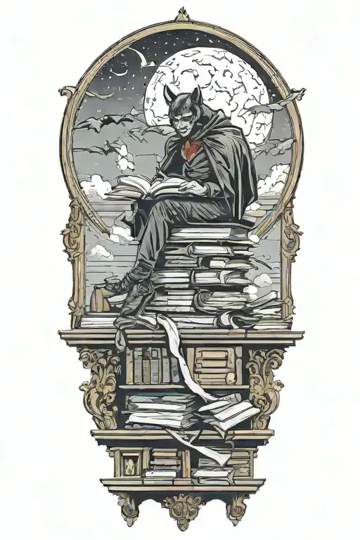 A vampire sitting atop of books. Full moon outside window. Bats flying and hanging. tattoo design idea