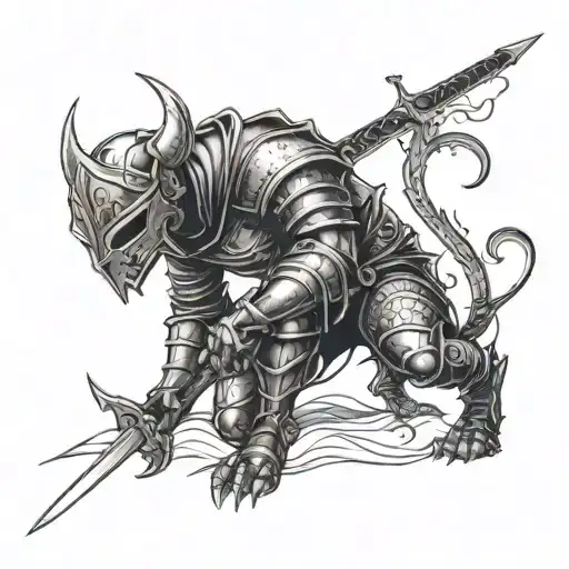 a knight in armor kneeling, holding a sword in his hand, and above him is the silhouette of the devil tattoo design idea