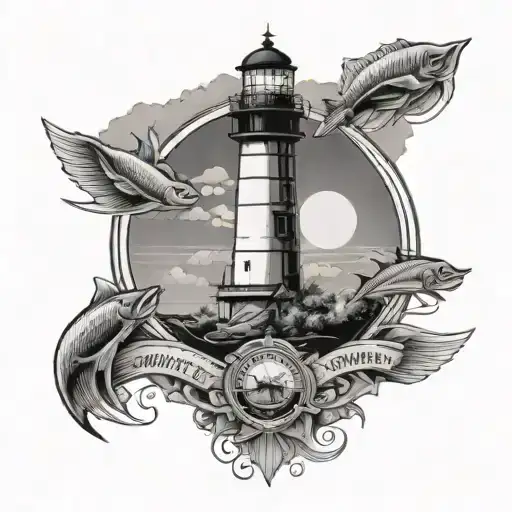key west offshore light house with a sportfishing boat in the distance  tattoo design idea