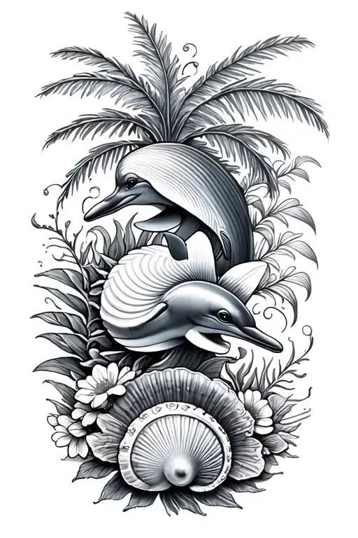 Sea shells, palm tree, sea weed, dolphins, waves, flowers, tattoo design idea