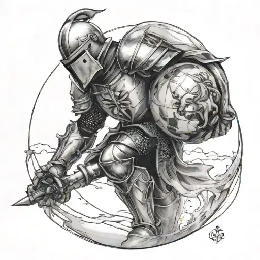 knight holding a transparent globe whit a baby inside on the battlefield tattoo design idea