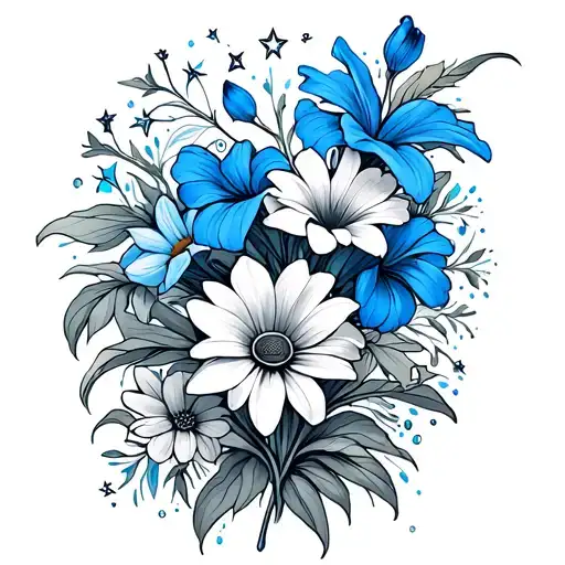 Create a wrap around elbow tattoo that stars above the elbow wraps around the back and  blue bonnets, Lilies and daisys  tattoo design idea