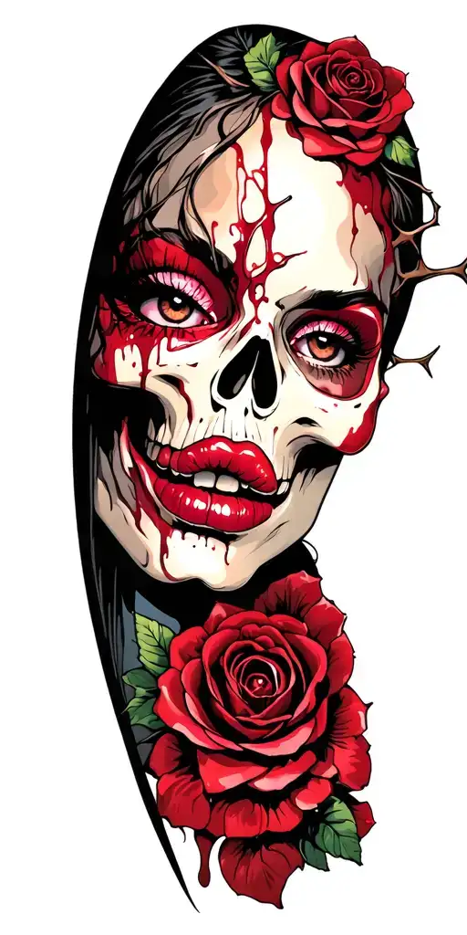 skull thorns roses blood half face of a sexy woman with big juicy lips  and big beaitioful colored eyes tattoo design idea