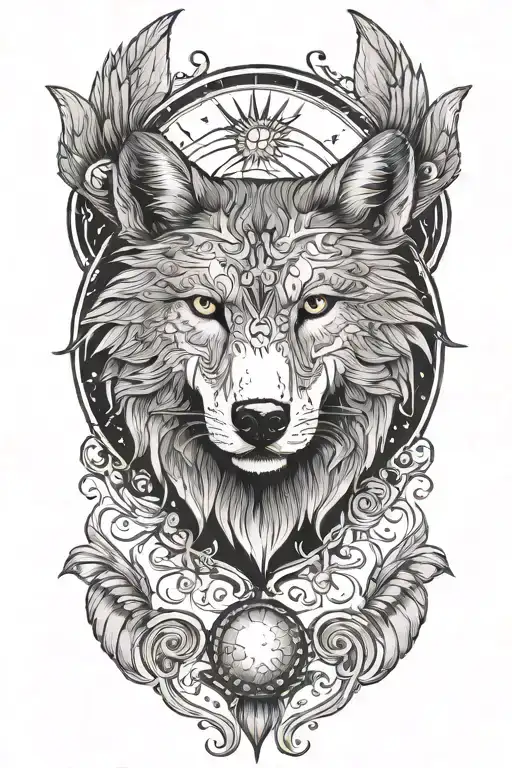 Wolf head with wings and moon sun stars tattoo design idea