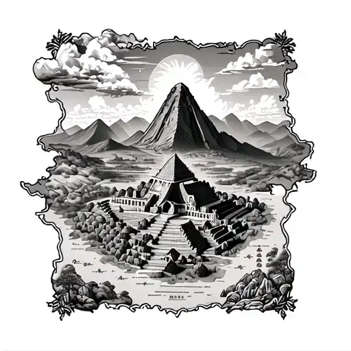 treasure map with outline of machu picchu, uluru, church on spilled blood, and hawaii volcano tattoo design idea