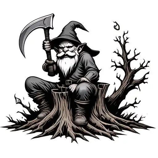 Evil Redcap Gnome Sitting on Rotting Tree Stump holding a hand Scythe as a weapon Back of hand tattoo fade for knuckles tattoo design idea