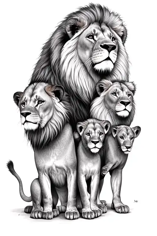 lion family with 4 kids   tattoo design idea