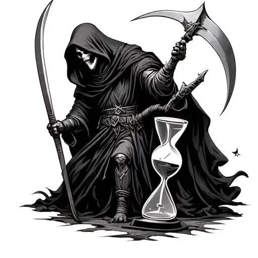hooded grim reaper holding a scythe in one hand fighting a warrior against time showing a hour glass.  tattoo design idea