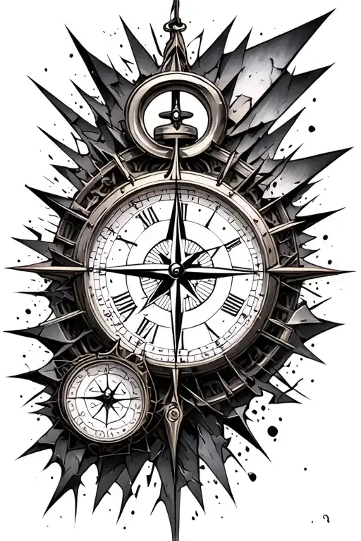 shattered clock and compass tattoo design idea