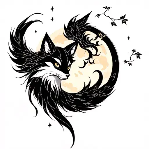 Nine tailed fox with falling sakura leaves full moon and stars tattoo design idea
