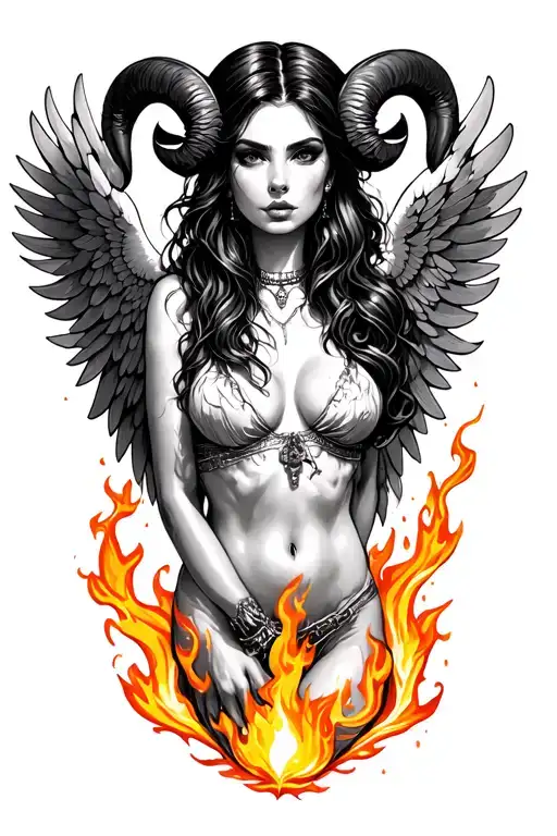 aries zodiac sign sexy woman wings surrounded fire  tattoo design idea