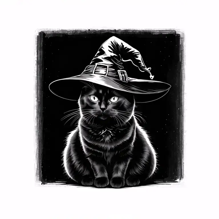 simple silhouette black cat sitting with witch hat on its head tattoo design idea