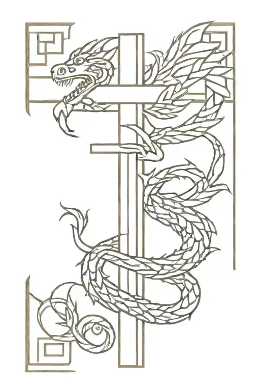small cross with Aztec dragon wrapped tattoo design idea