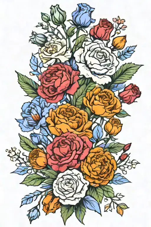  bouquet of  Carnation (January), violet (February), rose (June), poppy (August), marigold (October) tattoo design idea